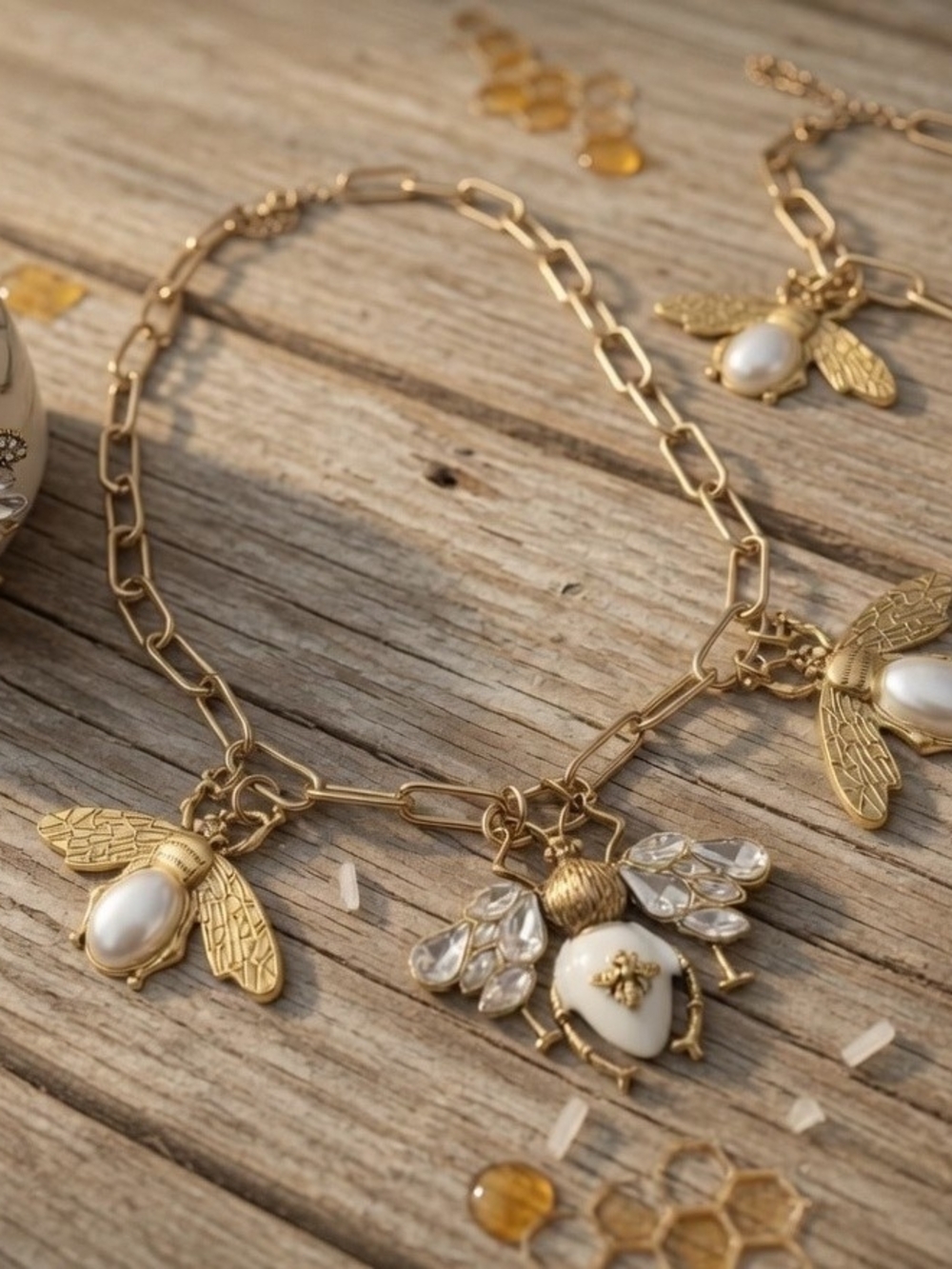 Gold Bee Charm Necklace with Pearl and Crystal Accents